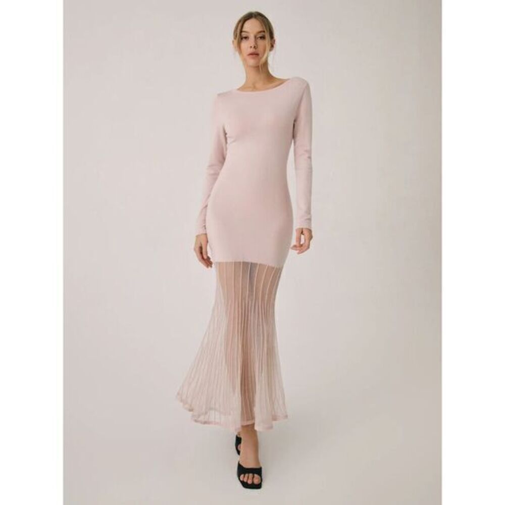 Commense Elegant Pink Lace Hem Mermaid Sweater Bodycon Sheer Pleated Skirt Large
